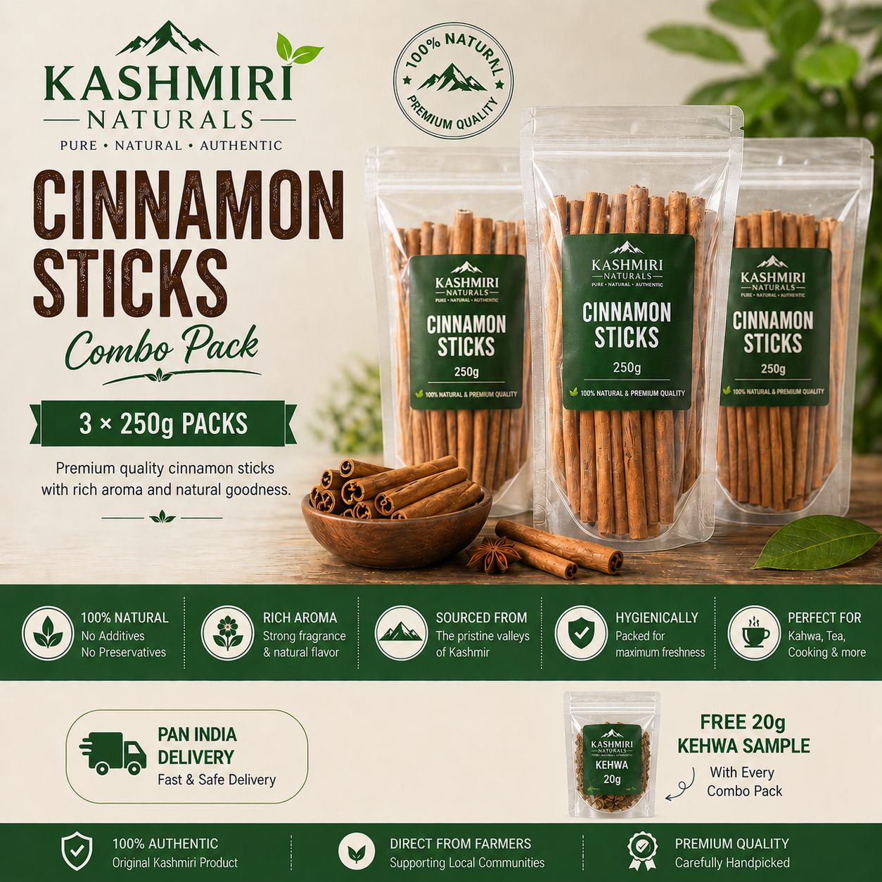 Cinnamon Sticks Combo Pack(3 × 250g)+ FREE ( 20gm Kehwa )